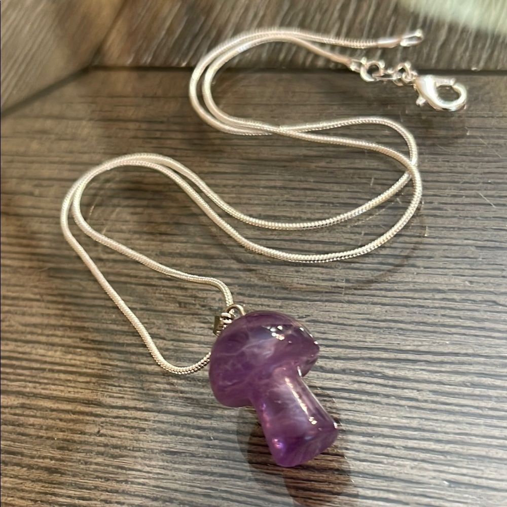 Amethyst Stone Mushroom Pendant on Silver Plated Snake Chain 18 3/8” approx